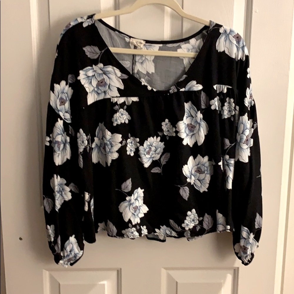 White Floral on Black Blouse